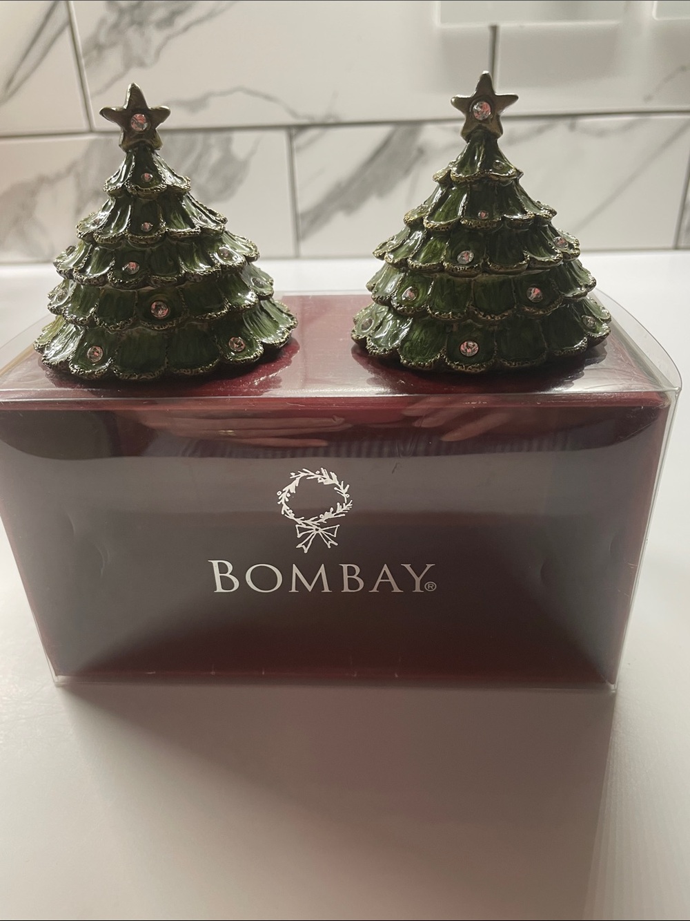 The Bombay Company Vintage Set of 2 XmasTree Metal Enamel & Rhinestone Tealites